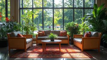 A cozy lounge area features two sofas and a coffee table surrounded by vibrant green plants, illuminated by natural light streaming through large windows during the day. photo