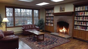 A serene library features comfortable leather couches near a glowing fireplace. Books line the shelves, and autumn light filters through large windows creating a peaceful atmosphere. photo