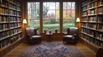 A quiet library corner features two armchairs beside a small table, surrounded by bookshelves. Large windows offer a view of colorful autumn foliage outside, creating a peaceful atmosphere. photo