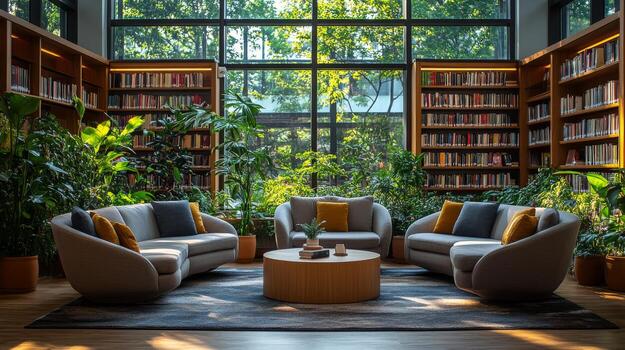 Softly lit reading area features plush sofas, a round coffee table, and lush plants, creating a tranquil space for students and visitors to read, study, or unwind amongst the books. photo