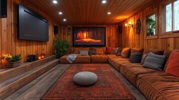 A spacious wooden living area features a large sectional sofa with various cushions, warm lighting, a scenic forest artwork display, and a cozy atmosphere ideal for relaxation. photo