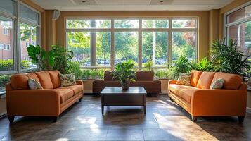 This cozy sitting area features orange couches and a coffee table surrounded by greenery. Sunlight pours through large windows, creating a warm atmosphere. photo
