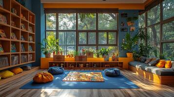 A cozy reading area features floor cushions and a vibrant rug, illuminated by natural light streaming through large windows. Shelves are filled with books and plants. photo