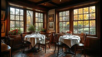 Two elegantly set tables are positioned by large windows showcasing a picturesque view of autumn foliage. The warm ambiance invites guests to enjoy a peaceful meal. photo