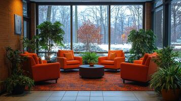 A welcoming seating area features bright orange chairs surrounded by lush plants, set against the backdrop of snow-covered trees outside. Natural light floods in through large windows. photo