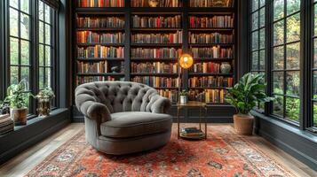 A stylish reading nook showcases a plush tufted chair and a round table beside a tall floor lamp. Books fill the dark wood shelves, while large windows bring in natural light from the garden. photo