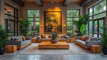 A contemporary living area features plush gray sofas, a large wooden coffee table, and vibrant greenery. Natural light floods in through spacious windows, enhancing the relaxing atmosphere. photo