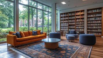A cozy reading area features a spacious orange couch and round coffee table. Soft armchairs complement the wooden flooring. Bright sunlight streams through large windows. photo