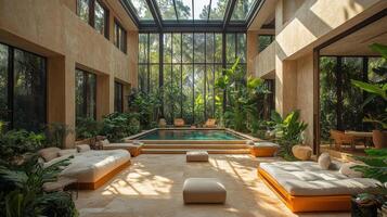 A spacious area showcases a pool surrounded by large windows, allowing sunlight to flow in. Soft furnishings invite relaxation amidst vibrant plant life, creating a peaceful escape. photo