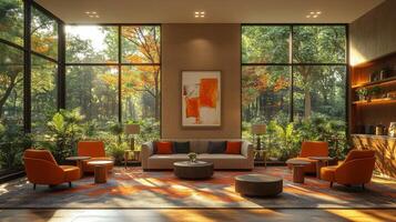 A spacious lounge area features orange and neutral furniture, surrounded by lush greenery. Sunlight streams through large windows, creating a warm, inviting atmosphere. photo