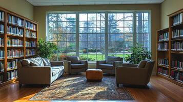 Plush armchairs circle a wooden table in a bright corner of a library, where large windows offer a view of a peaceful outdoor garden filled with greenery. photo