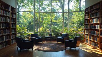 A serene library corner with comfortable chairs surrounding a small table. Large windows bring in natural light and showcase lush outdoor trees, creating a peaceful atmosphere. photo
