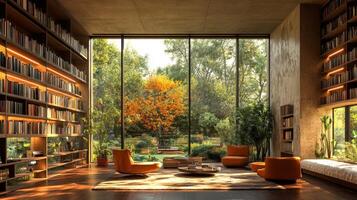 A warm reading corner features two orange chairs and a wooden table surrounded by bookshelves. Large windows offer a view of a vibrant autumn garden filled with greenery. photo