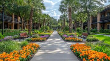 A well-maintained path adorned with colorful flowers leads through a resort, framed by palms and greenery under a bright sky, inviting relaxation and enjoyment. photo
