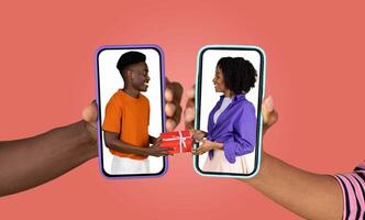 A couple connects through their smartphones, sharing messages and exchanging gifts. Their joyful expressions reflect love and modern communication in a vibrant setting. photo