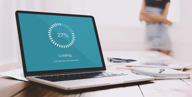 Close up of freelancer laptop screen with loading bar, young woman waiting impatiently on background, slow connection, computer software concept photo