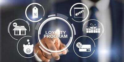 Collage with unrecognizable businessman pressing loyalty program button on virtual screen, panorama photo