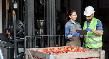 Management of movement of products in modern warehouse, mobile app and modern tech for work and loading. Friendly young female in uniform and gloves shows tablet to guy worker in helmet near forklift photo