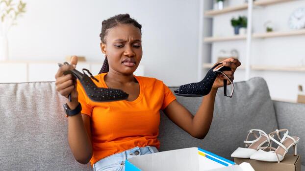 decepcionado africano americano dama desembalaje caja de cartón paquete, recepción clásico zapatos, infeliz acerca de entregado artículo, arrugado su nariz en asco a hogar. en línea compras error, incorrecto entrega foto