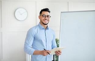 Online schooling. Positive Arab male teacher standing near empty blackboard with clipboard, giving remote lecture on web, speaking to students, mockup. Happy young tutor conducting lesson on internet photo