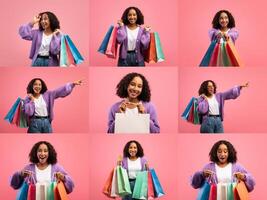 People engage in a lively shopping spree, showcasing colorful bags filled with bargains. The cheerful atmosphere highlights the excitement of discounts during the black Friday event. photo