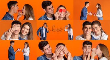 Happy couple expresses their affection during a romantic celebration. They engage in playful interactions, exchanging gifts and enjoying each other's company in a vibrant setting. photo
