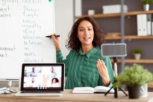 Online Learning Concept. Portrait of young lady teacher pointing at whiteboard, explaining grammar rules to diverse students. Tutor recording lesson using mobile phone on tripod, live streaming photo
