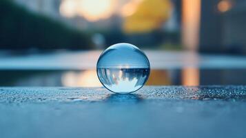 A clear glass ball is sitting on a wet surface photo