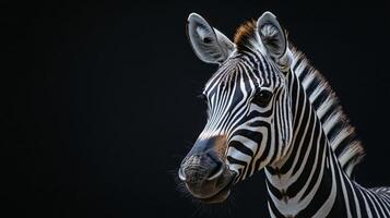 A zebra is looking at the camera with its head tilted photo