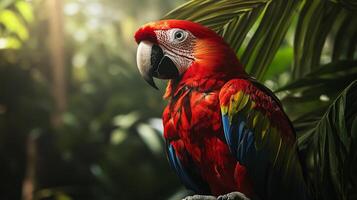A colorful parrot is perched on a leafy branch in a lush green forest photo