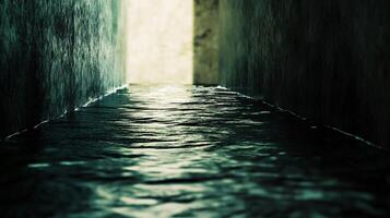 A dark tunnel with water running through it photo
