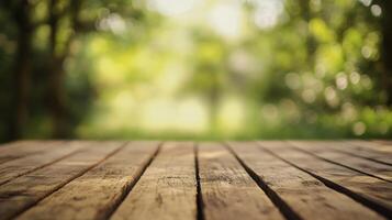 A wooden table with a view of trees in the background photo