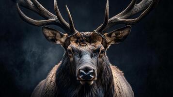A deer with large antlers is standing in front of a dark background photo
