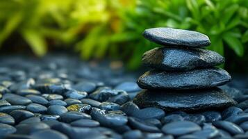 A stack of black rocks on a gravel path photo