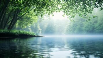 A serene lake with a tree in the background photo