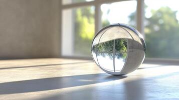 A glass ball is sitting on a table in a room with a window photo
