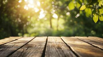 A wooden table with a view of trees and sunlight photo