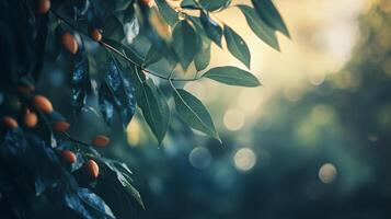 A leafy tree with a few oranges hanging from it photo
