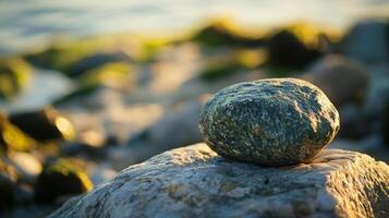 A large rock sits on a beach, with the sun shining on it photo