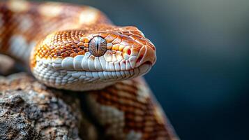 A brown and white snake is shown with its head up and looking at the camera photo