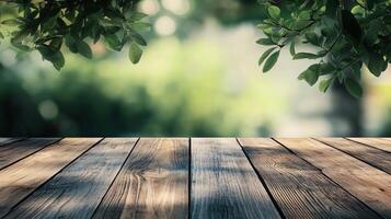 A wooden table with a view of trees and leaves photo