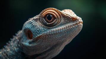 A close up of a lizard's face with its eyes open photo