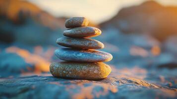 A stack of rocks on a beach photo