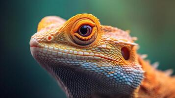 A close up of a lizard's face with a bright orange and white pattern photo