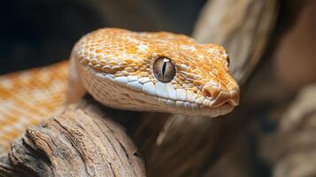 A snake is on a log and has a yellow and white pattern photo
