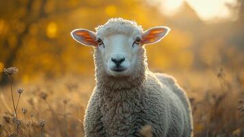 A sheep is standing in a field of tall grass photo