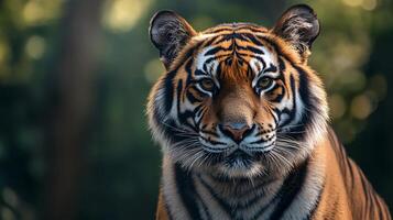 A tiger is standing in a forest, looking directly at the camera photo