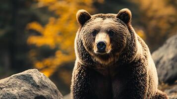 A large brown bear is standing on a rock photo