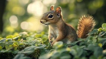 A squirrel is sitting on a green bush photo