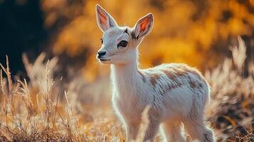 A baby deer is standing in a field of tall grass photo